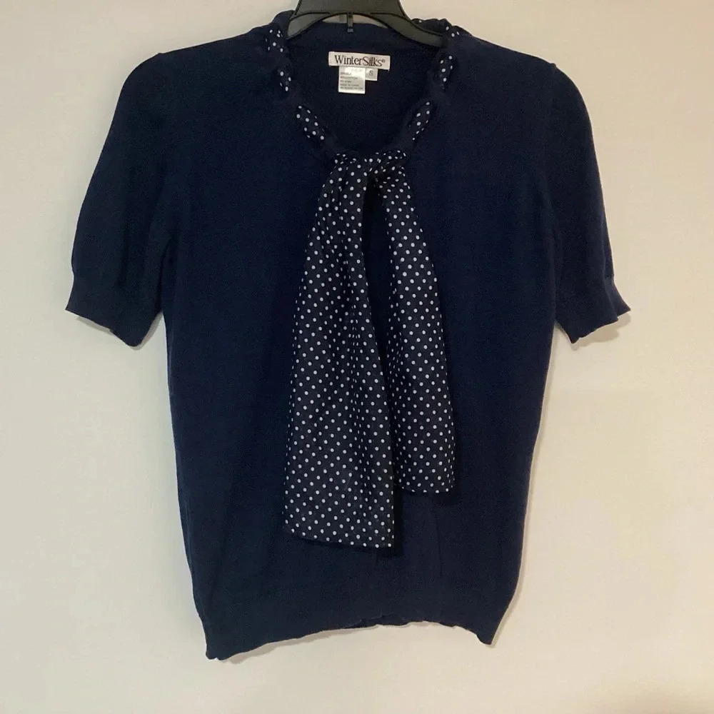 Wintersilks Scarf Neck Tie Sweater Size Small Blue